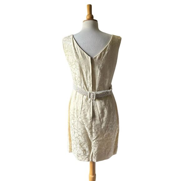 Vintage Handmade 1970s Brocade Ivory Mini Wedding Dress with Beaded Belt - Picture 5 of 10